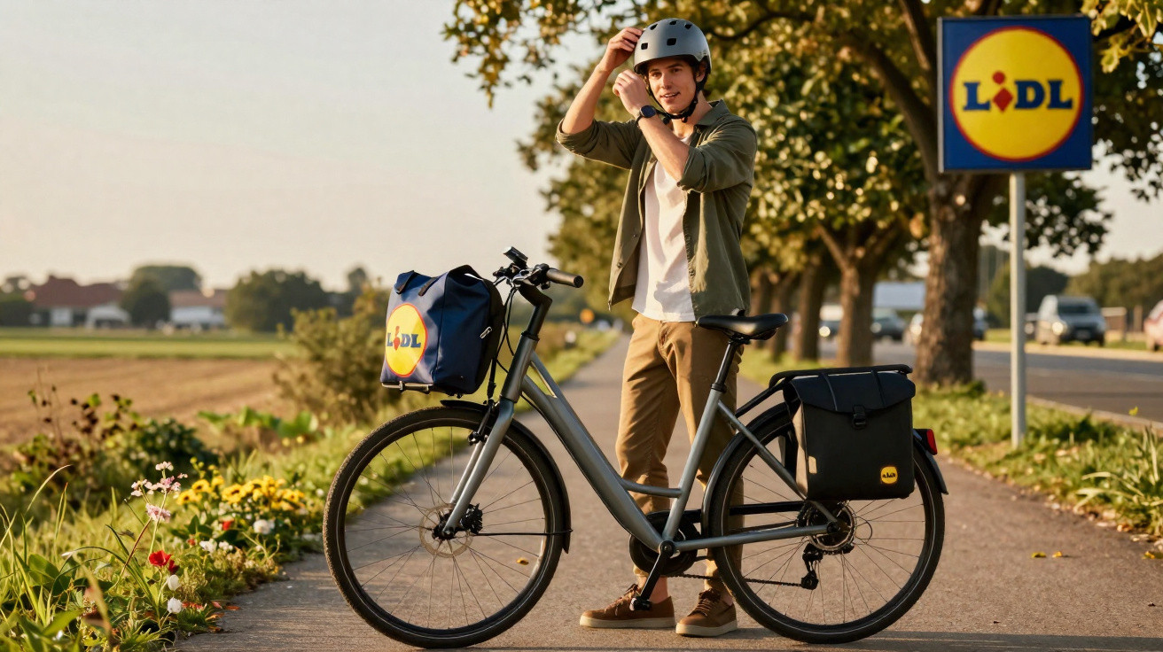 Homme ajustant son casque à côté d’un vélo électrique avec sacs Lidl sur un chemin rural au bord d’une route.
