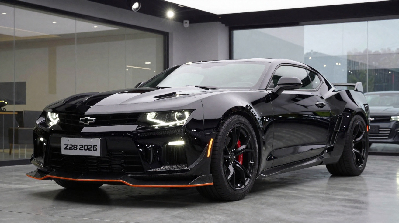 Chevrolet Camaro Z28 2026 noire brillante garée dans un showroom moderne avec éclairage LED.
