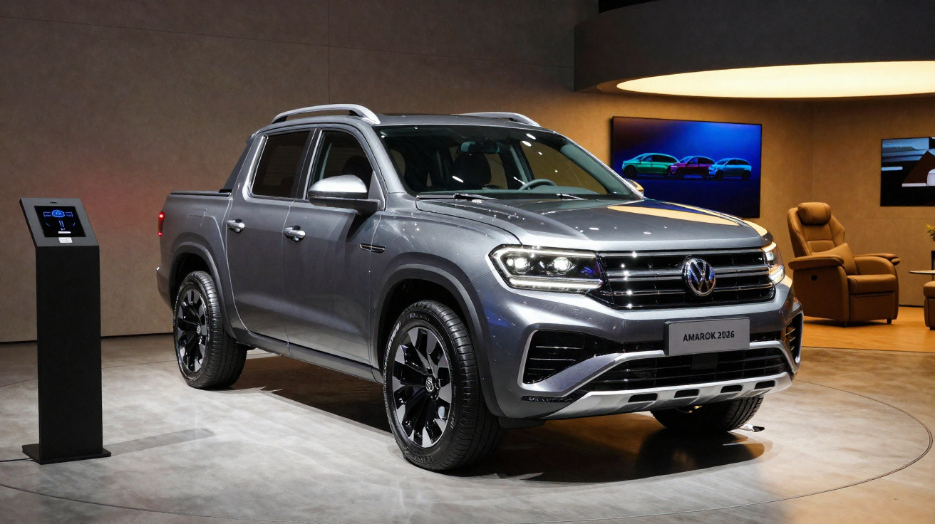Pick-up Volkswagen Amarok gris métallique exposé dans un showroom moderne avec éclairage tamisé.