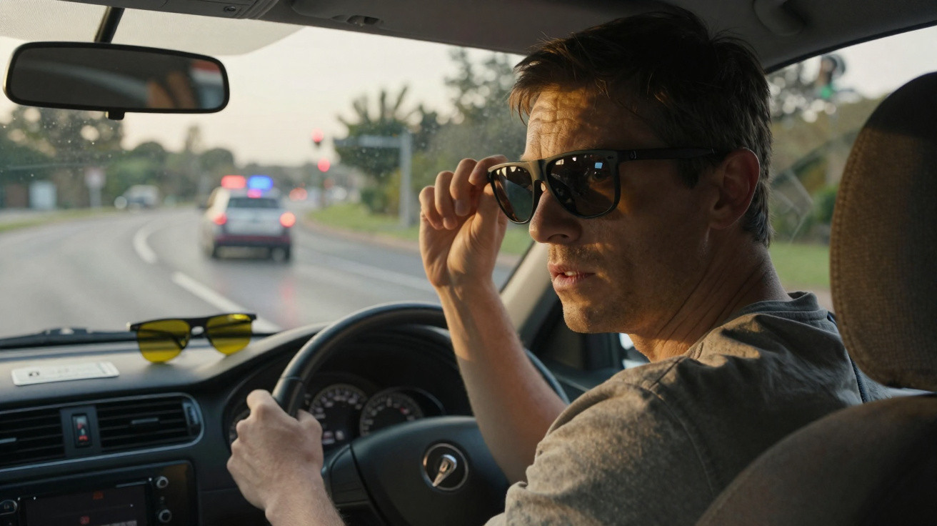 Homme portant des lunettes de soleil au volant d'une voiture, regardant par la fenêtre côté passager.