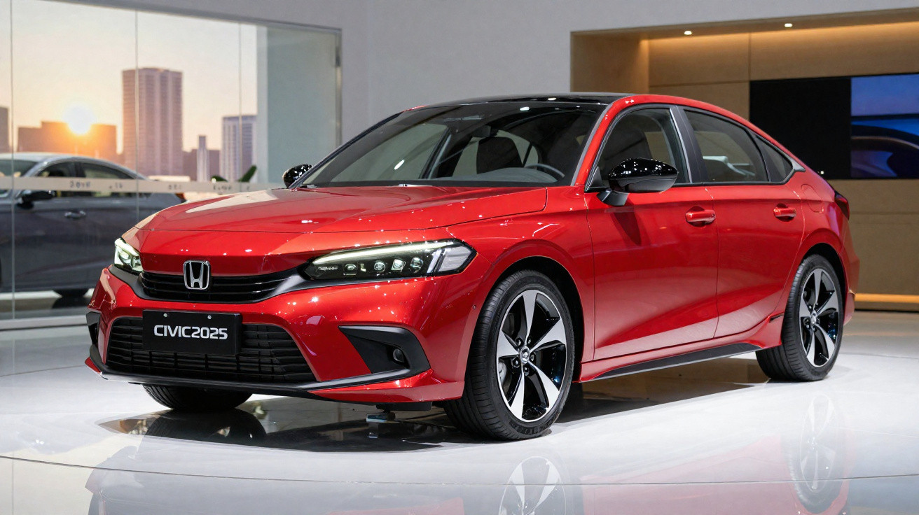 Vue avant latérale d'une Honda Civic 2025 rouge exposée en intérieur moderne.