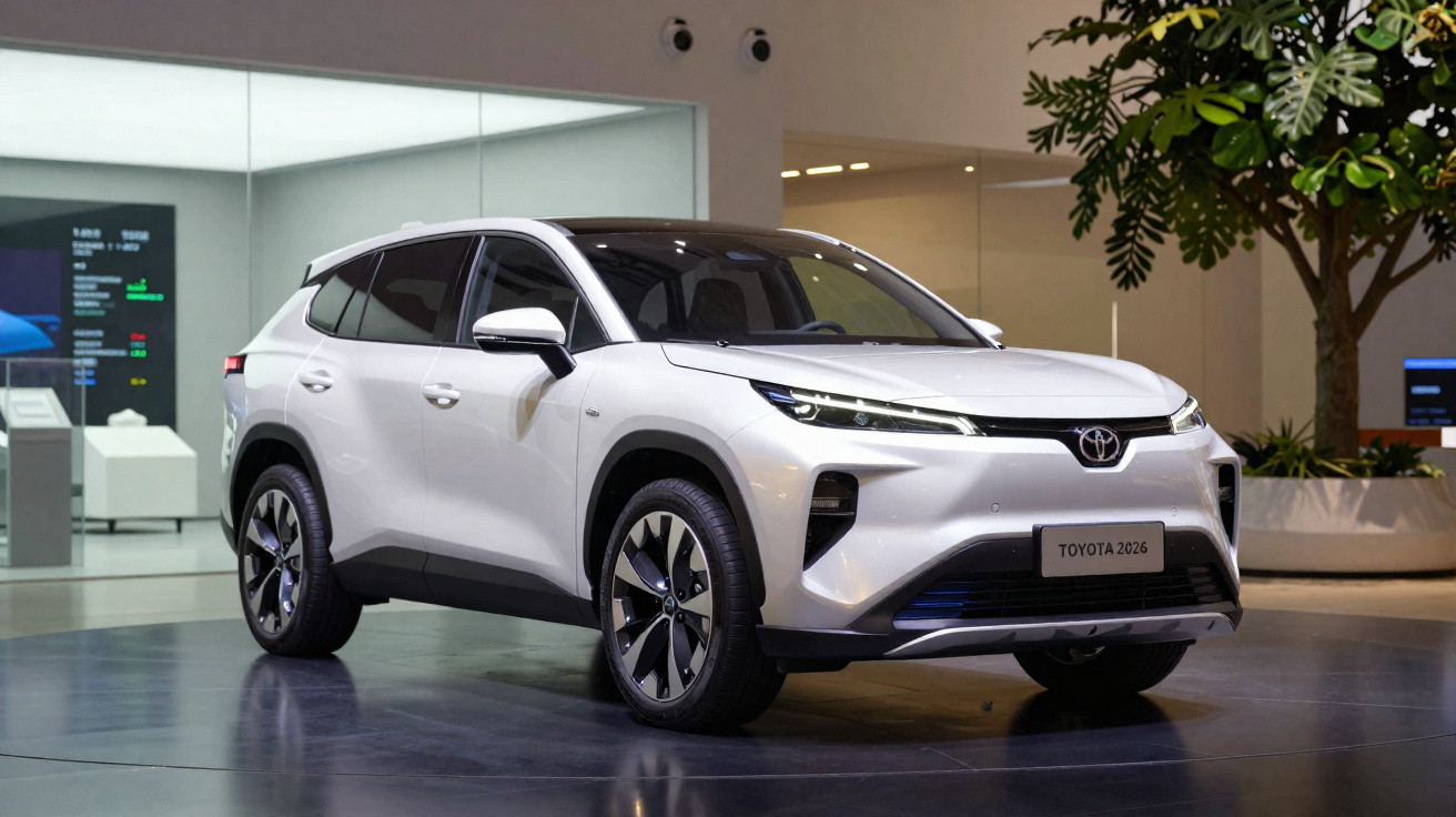SUV blanc Toyota 2026 exposé en intérieur avec jantes modernes et éclairage avant LED fin.