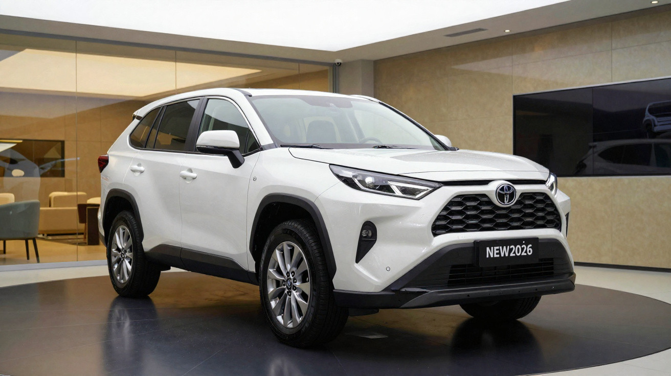 SUV Toyota blanc exposé dans un showroom moderne avec plaque d’immatriculation "NEW2026".