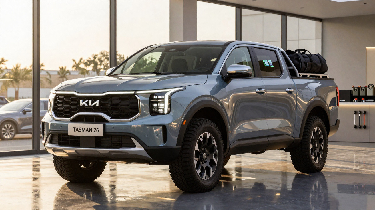 Pick-up Kia Tasman 26 gris métallisé avec pneus tout-terrain, exposé dans un showroom moderne.