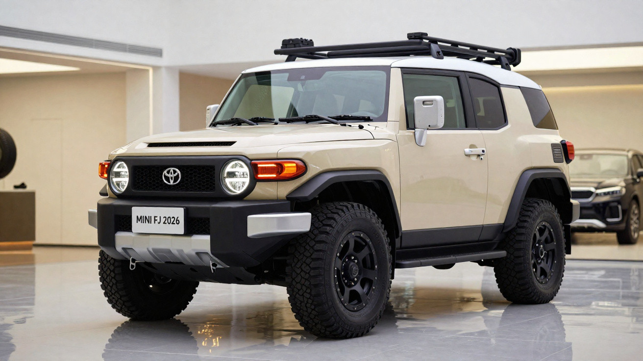 SUV Toyota FJ Mini beige avec toit noir équipé d’un porte-bagages, pneus tout-terrain, présenté en intérieur.