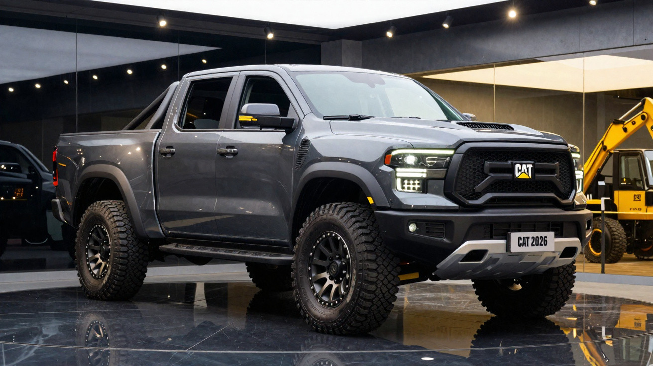 Pick-up gris CAT 2026 robuste avec grosses roues tout-terrain, exposé dans un showroom moderne.