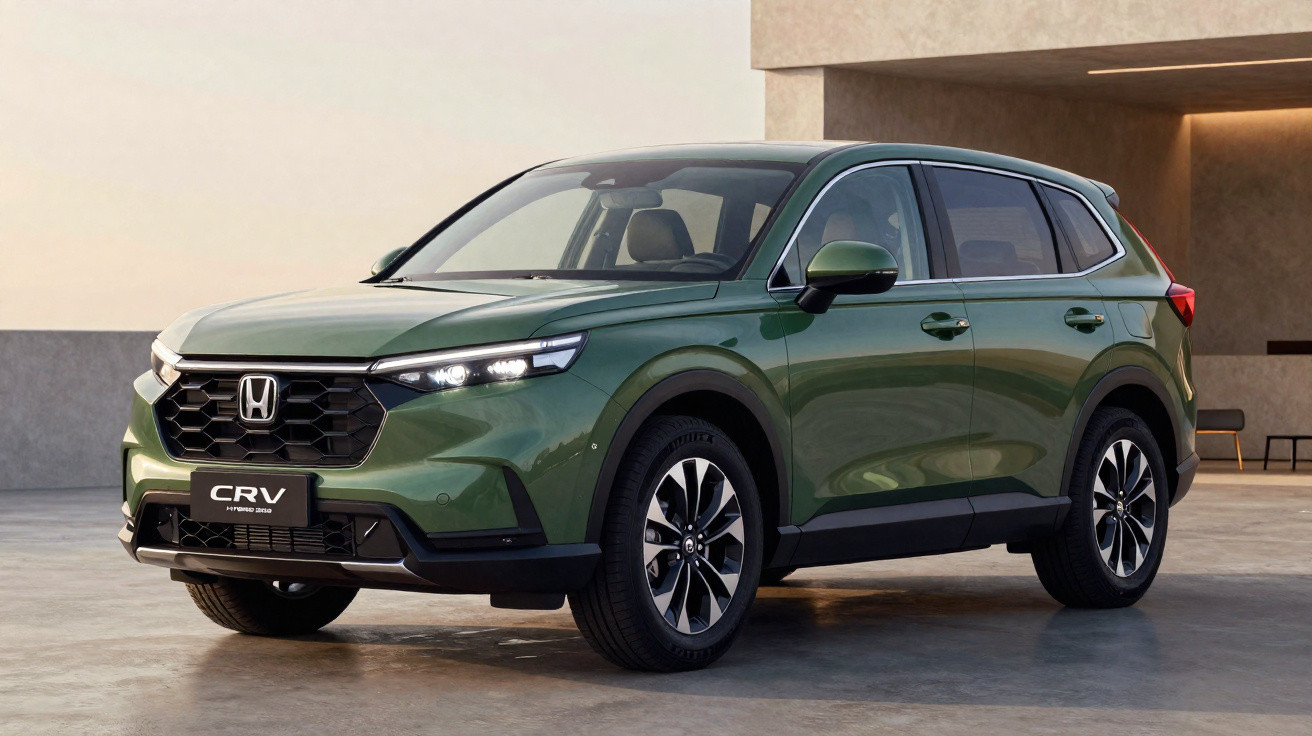 SUV Honda CR-V vert foncé stationné devant un bâtiment moderne au coucher du soleil.