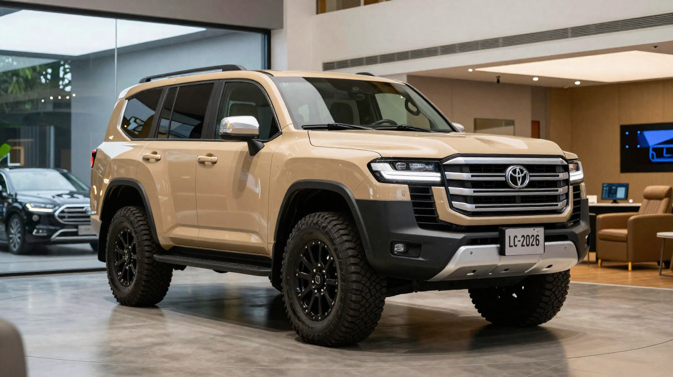 SUV Toyota beige garé dans un showroom moderne avec un sol en béton poli.