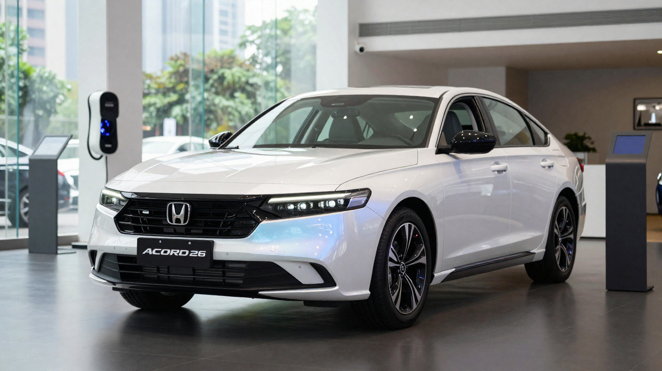 Voiture blanche Honda Accord 26 exposée dans un showroom moderne avec grandes baies vitrées.
