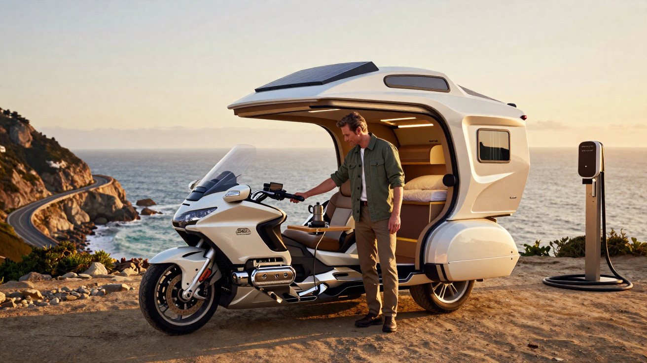 Homme debout à côté d'une moto-camper électrique en recharge au bord d'une falaise au coucher du soleil.