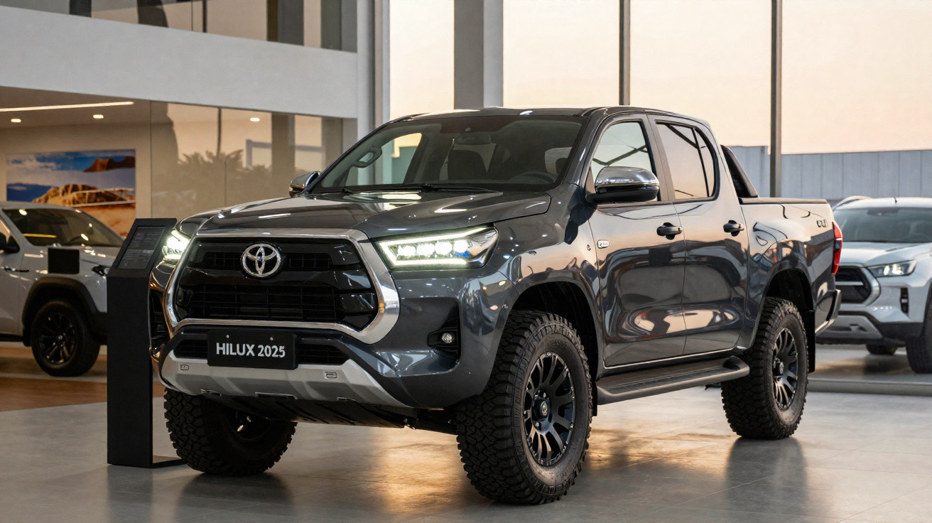 Pick-up Toyota Hilux 2025 gris métallisé exposé dans un showroom lumineux avec grandes vitres.