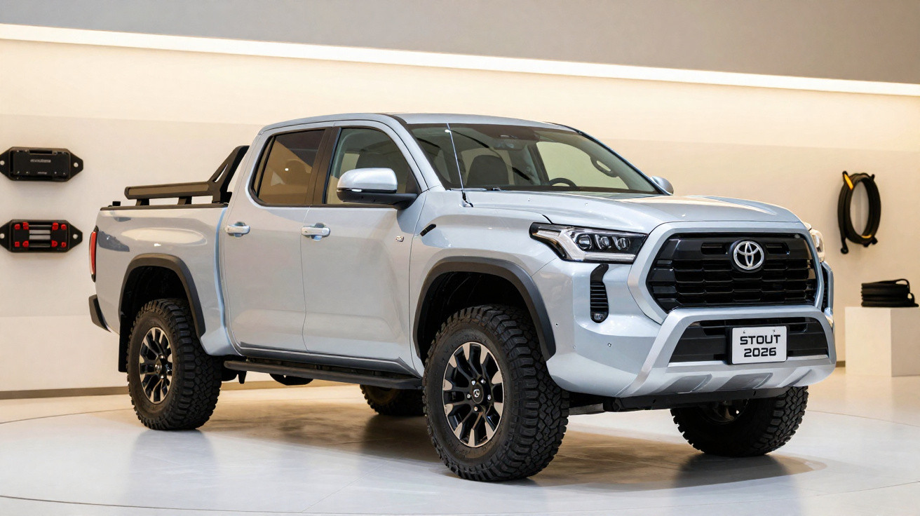 Pick-up Toyota Stout 2026 gris métallique exposé en intérieur avec pneus tout-terrain robustes.