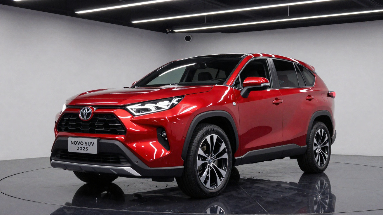 SUV Toyota rouge 2025 exposé sur un plateau tournant dans un studio moderne éclairé au néon.
