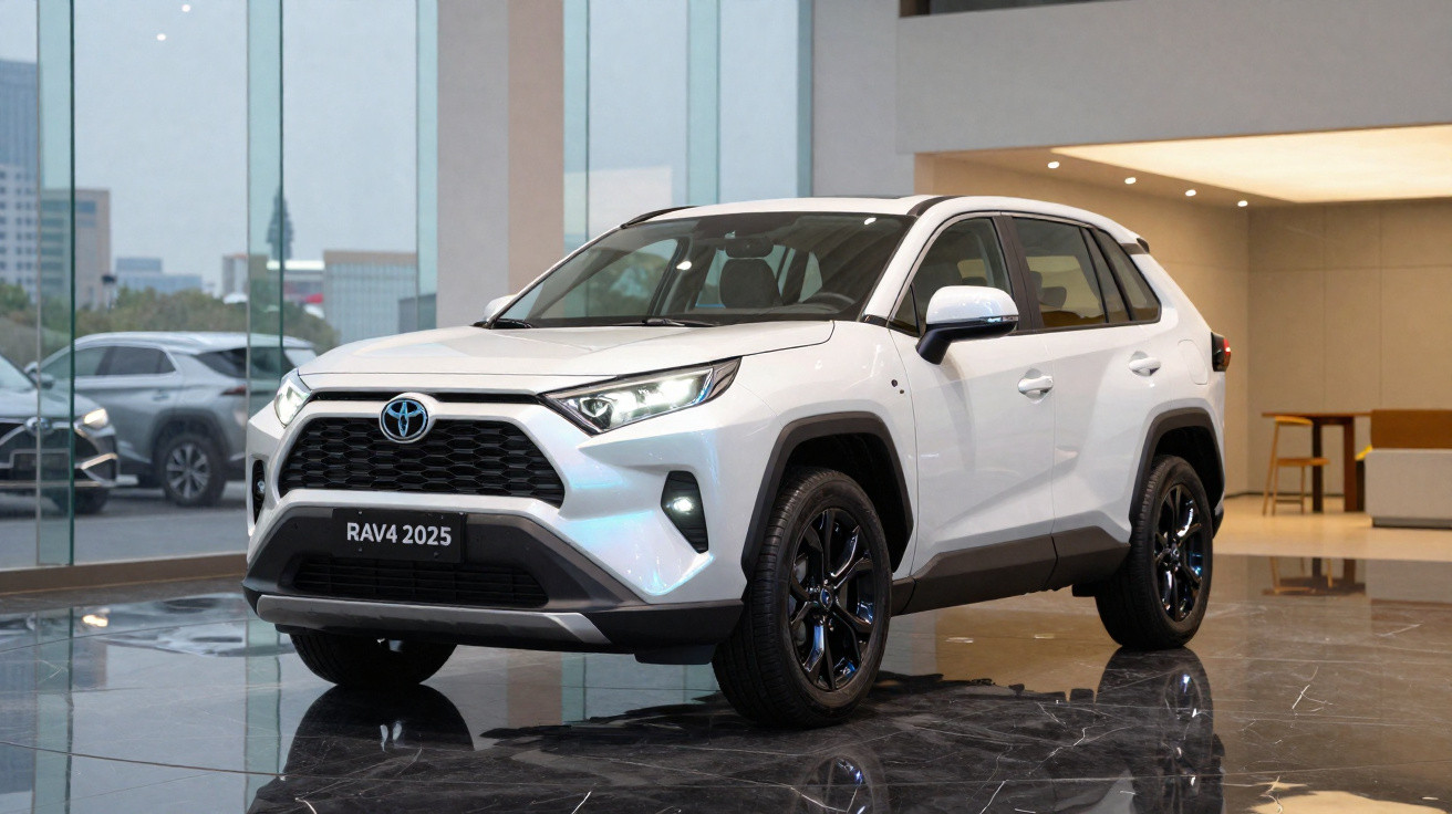 Toyota RAV4 2025 blanc exposé dans un showroom moderne avec sol en marbre noir réfléchissant.