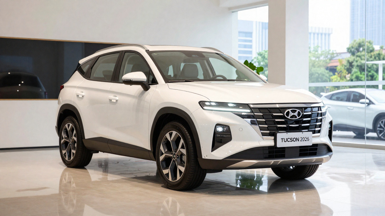 Véhicule blanc Hyundai Tucson 2026 exposé en intérieur sur sol brillant avec grandes fenêtres et ville en arrière-plan.