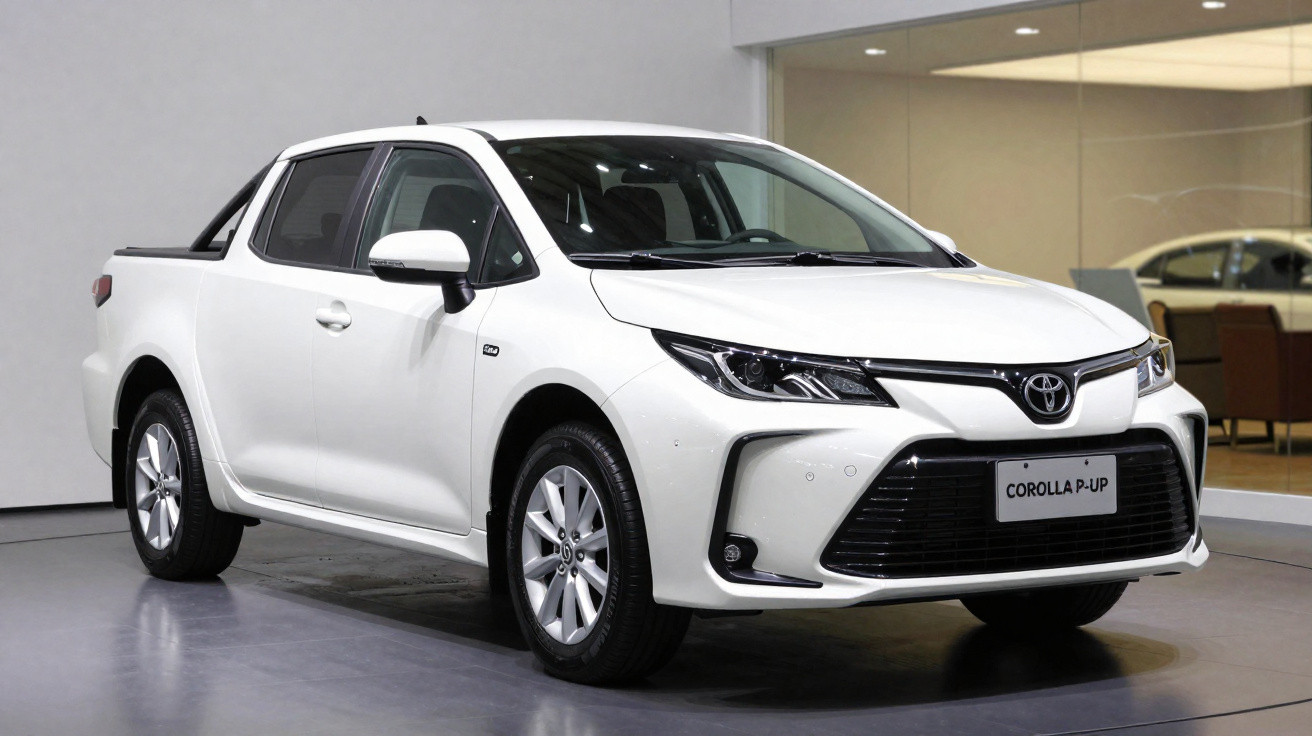 Toyota Corolla Pick-Up blanche exposée dans un showroom moderne.