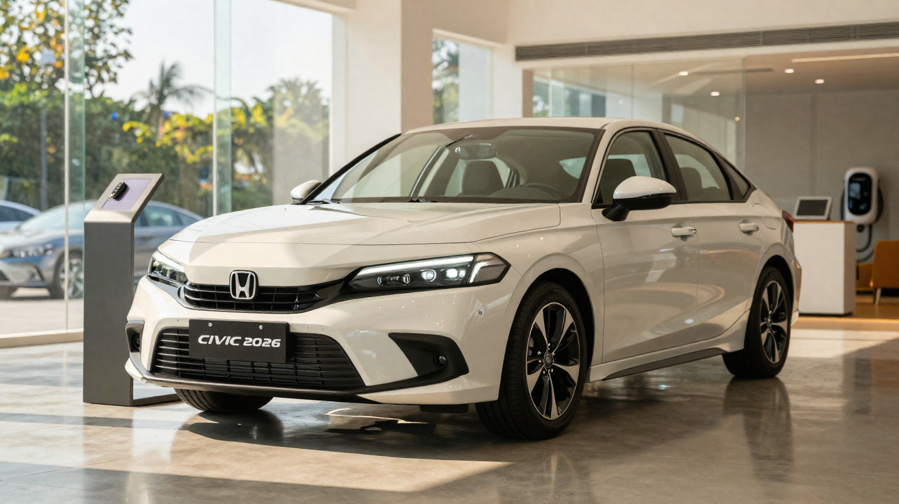 Berline Honda Civic 2026 blanche exposée dans un showroom lumineux avec grandes baies vitrées.