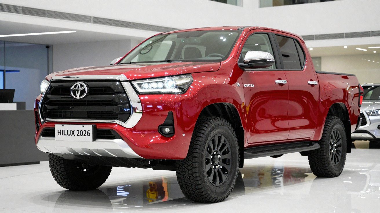 Pick-up Toyota Hilux rouge 2026 exposé en intérieur sur sol brillant.