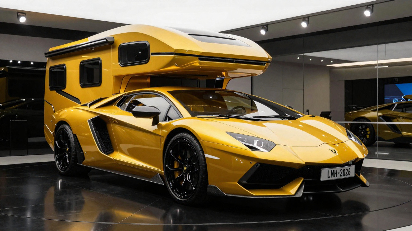 Voiture de sport Lamborghini jaune avec cellule aménagée pour camping-car exposée en intérieur moderne.