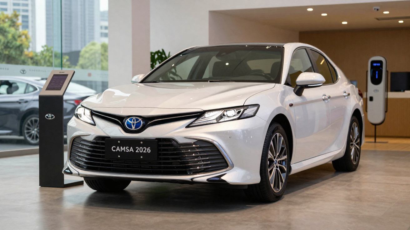 Voiture blanche Toyota Camry 2026 exposée dans un showroom moderne avec sol en béton et bornes de recharge.