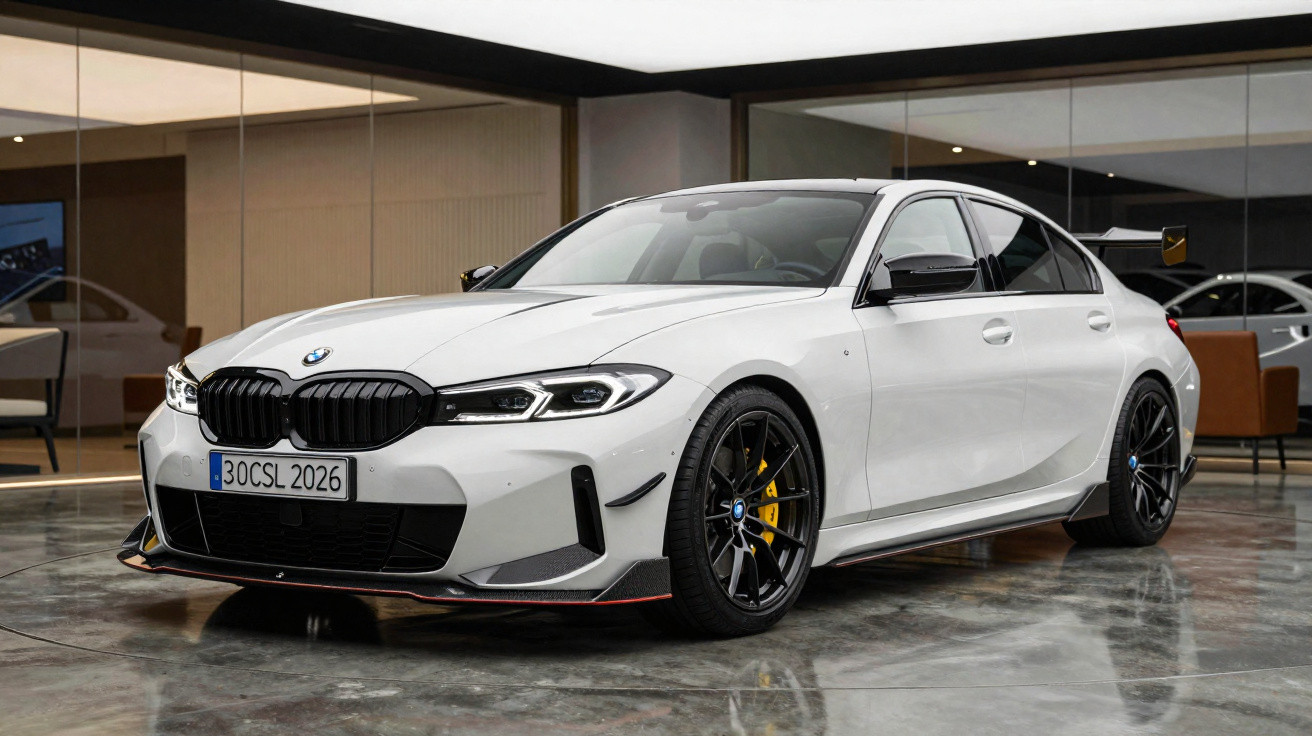 Voiture BMW blanche garée dans un showroom au sol brillant avec jantes noires et étriers jaunes.
