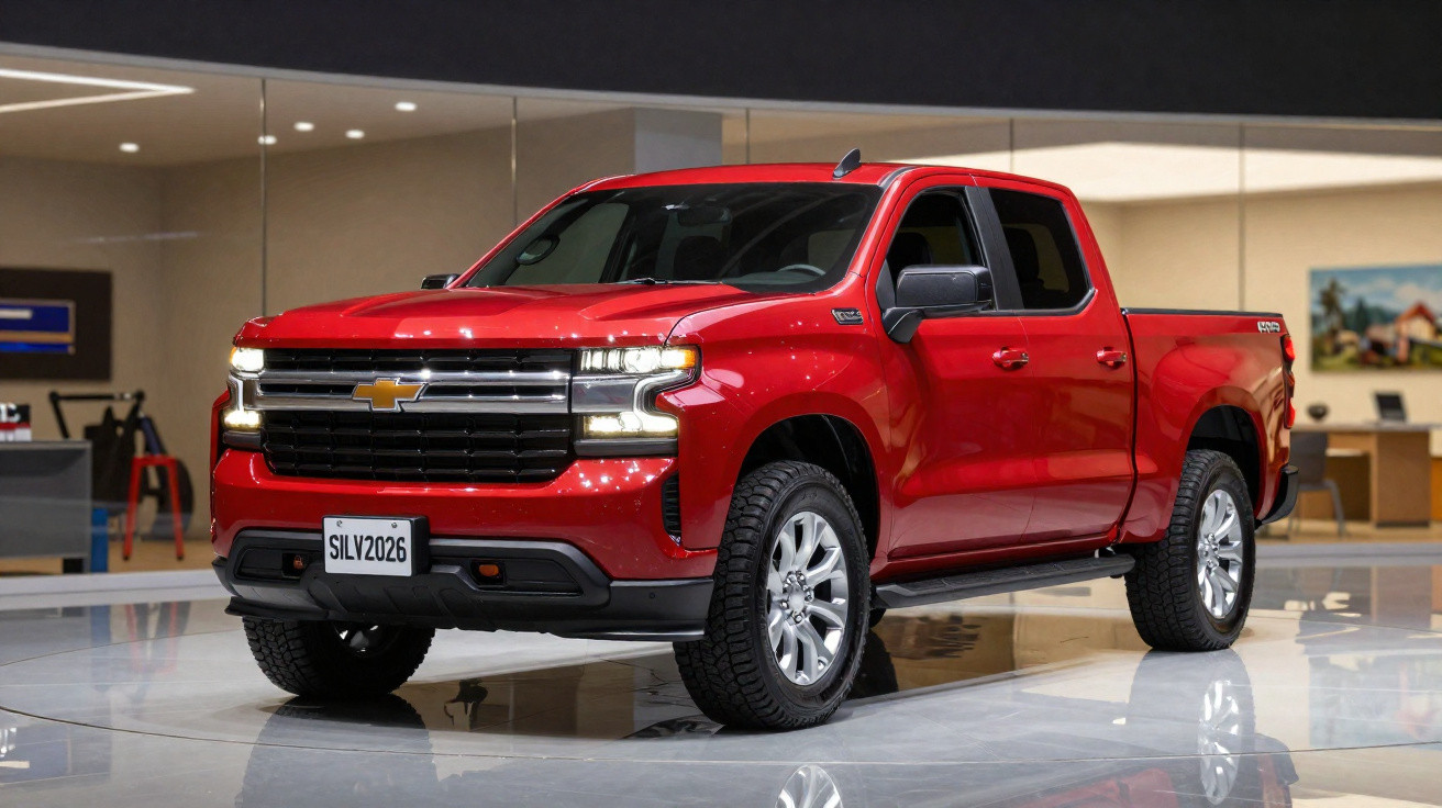 Pick-up Chevrolet rouge brillant avec cabine double exposé en intérieur moderne.