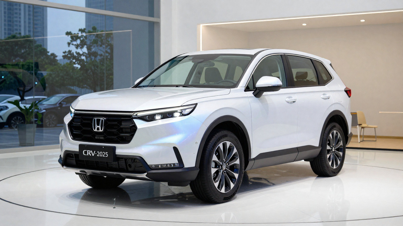 Vue avant d'un SUV Honda CRV blanc exposé en showroom moderne.