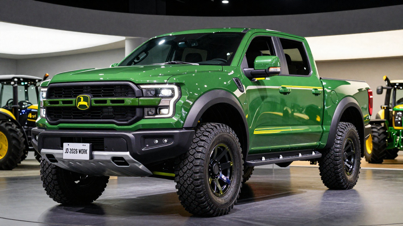 Pick-up vert John Deere JD 2026 Work exposé en salle avec pneus tout-terrain.