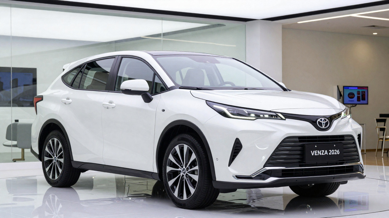 Toyota Venza 2026 blanche exposée en showroom avec design moderne et équipement avancé.