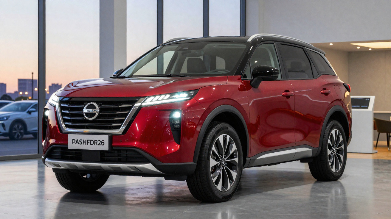 SUV rouge Nissan garé à l'intérieur devant une grande baie vitrée avec éclairage moderne et ciel au crépuscule.