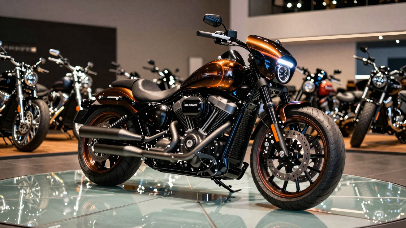 Moto Harley-Davidson noire et orange exposée dans une salle avec d'autres motos en arrière-plan.