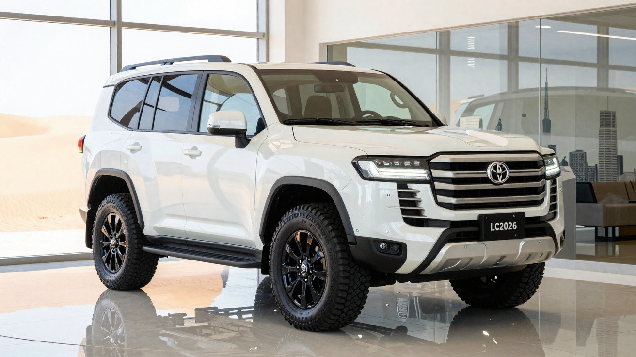 SUV blanc tout-terrain avec roues noires, présenté dans un showroom moderne avec large vitrage.