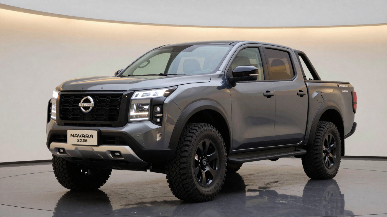 Pick-up Nissan Navara gris métallique 2026 vu de face en studio avec pneus tout-terrain.