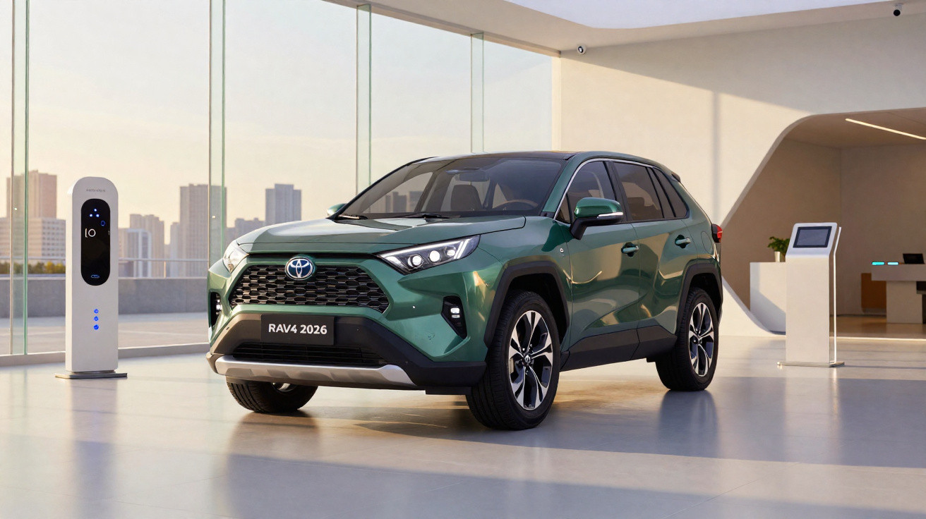 SUV Toyota RAV4 2026 vert foncé en charge dans un showroom moderne aux grandes baies vitrées.