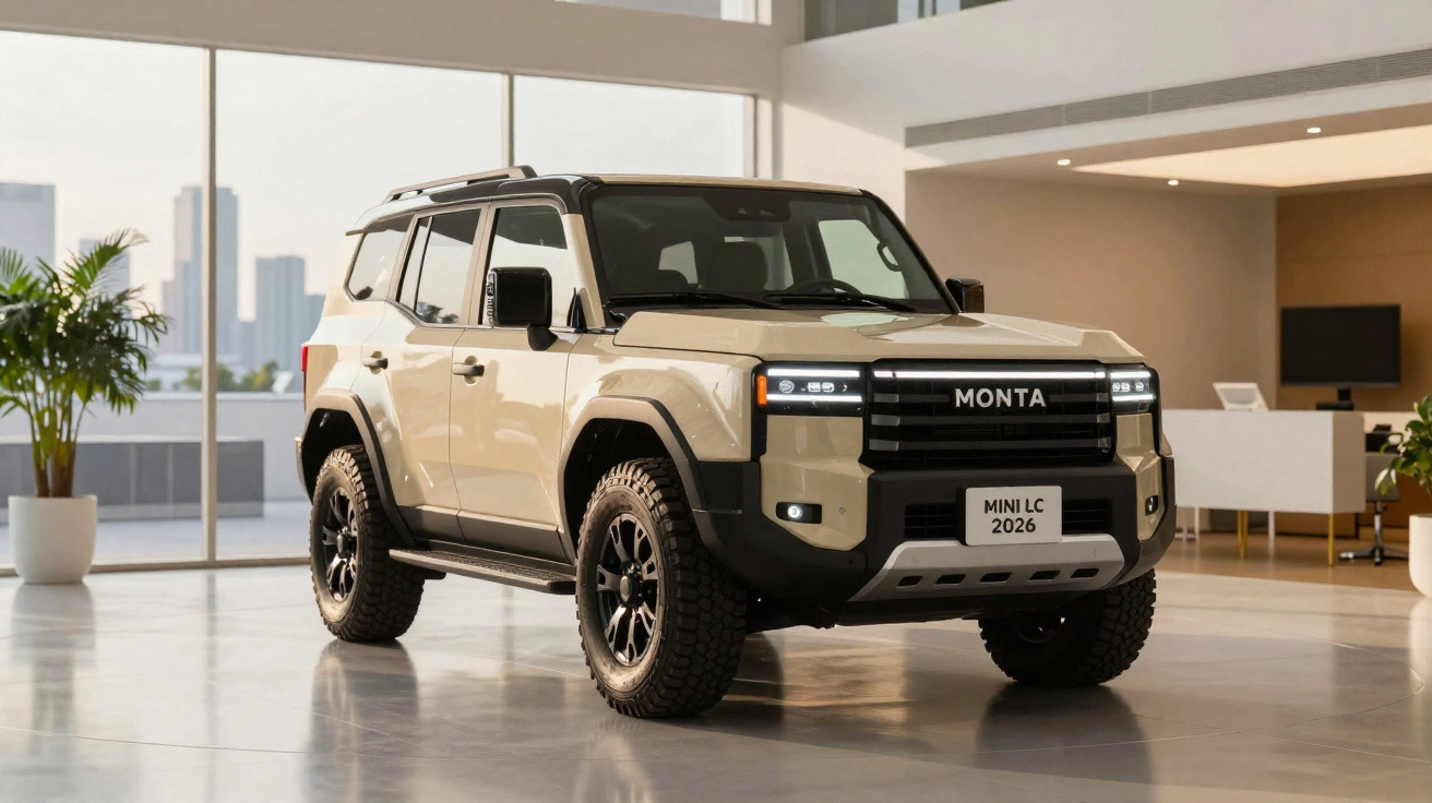 SUV beige Monta Mini LC 2026 garé dans un intérieur moderne avec grandes fenêtres et plantes.