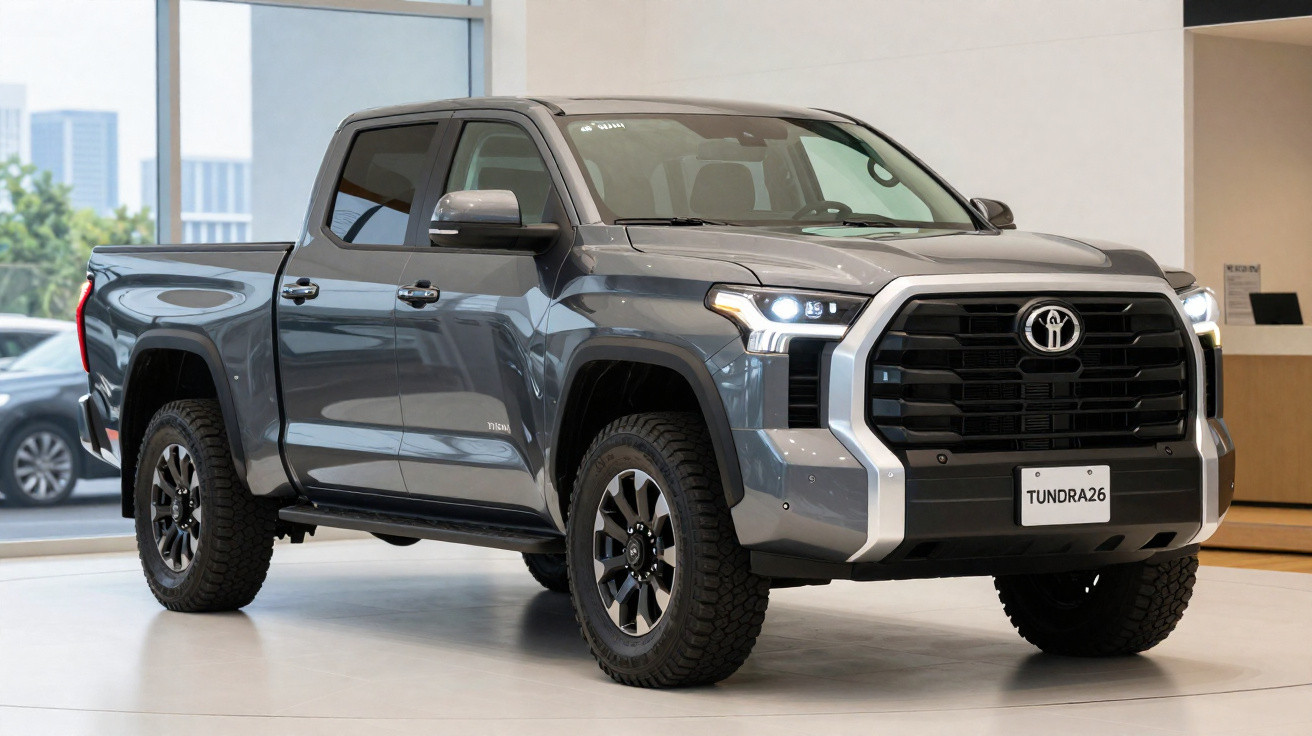Camion pickup gris Toyota Tundra 2024 exposé dans un showroom moderne avec grandes fenêtres.