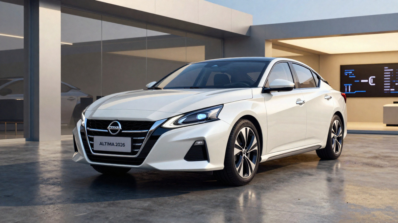 Voiture blanche Nissan Altima 2026 garée devant un bâtiment moderne aux grandes vitres.