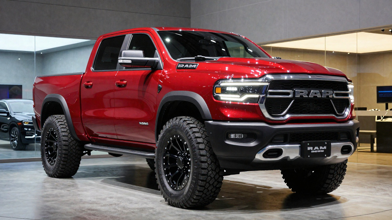 Pick-up rouge Ram 1500 à quatre portes exposé dans un showroom moderne avec pneus tout-terrain.