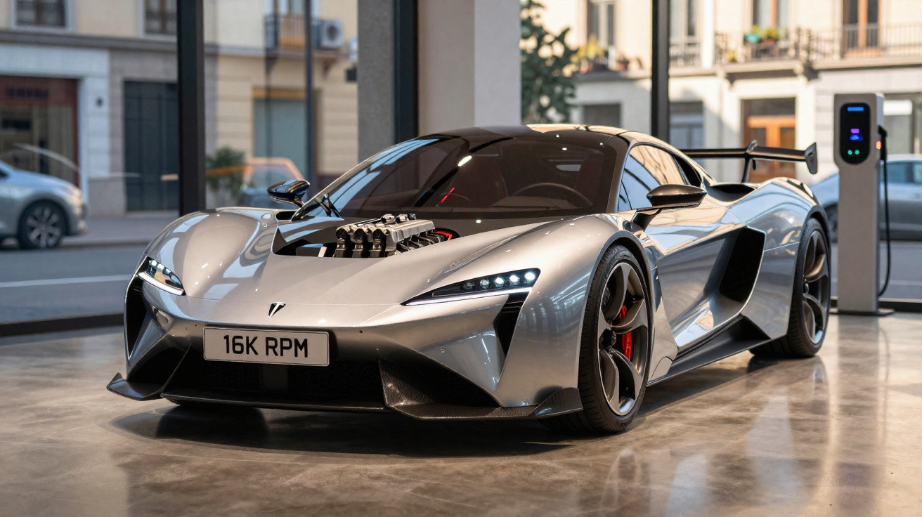 Voiture de sport électrique grise brillante en charge dans un showroom urbain moderne.