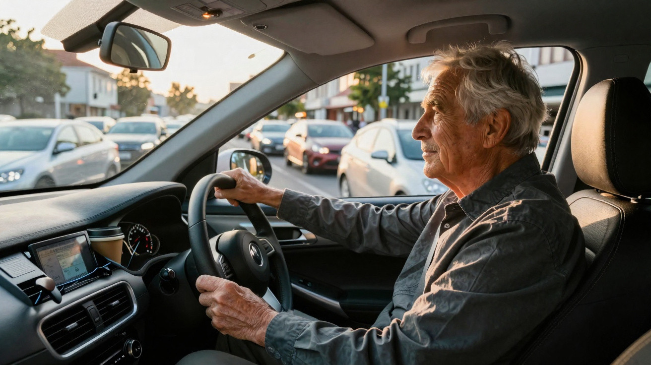 Homme âgé conduisant une voiture en milieu urbain avec circulation visible à l'extérieur.