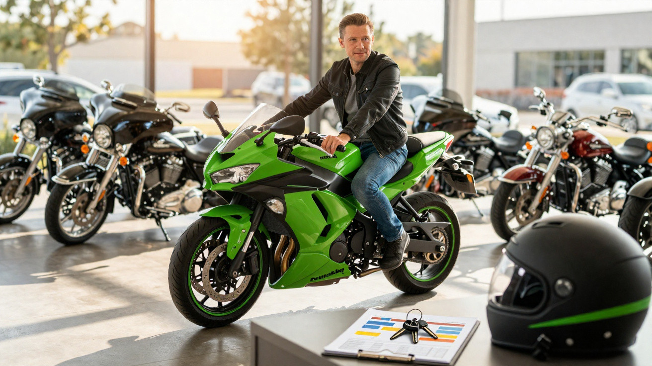 Homme essayant une moto sportive verte dans un showroom avec casque noir et clés posés sur une table.