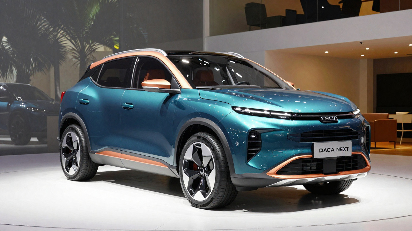 Véhicule électrique bleu métallisé DACIA NEXT exposé en intérieur avec finitions orange cuivré.