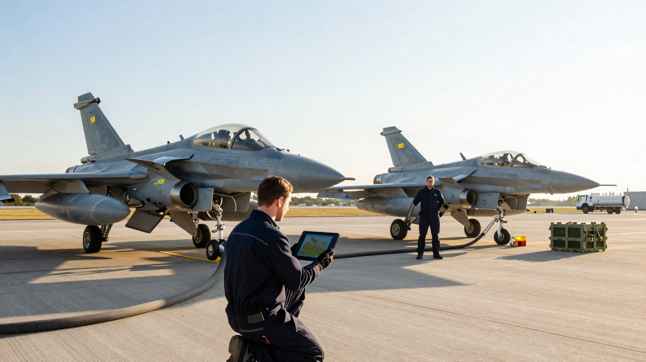 Deux avions de chasse sur piste avec deux techniciens en tenue bleue effectuant des opérations au sol.