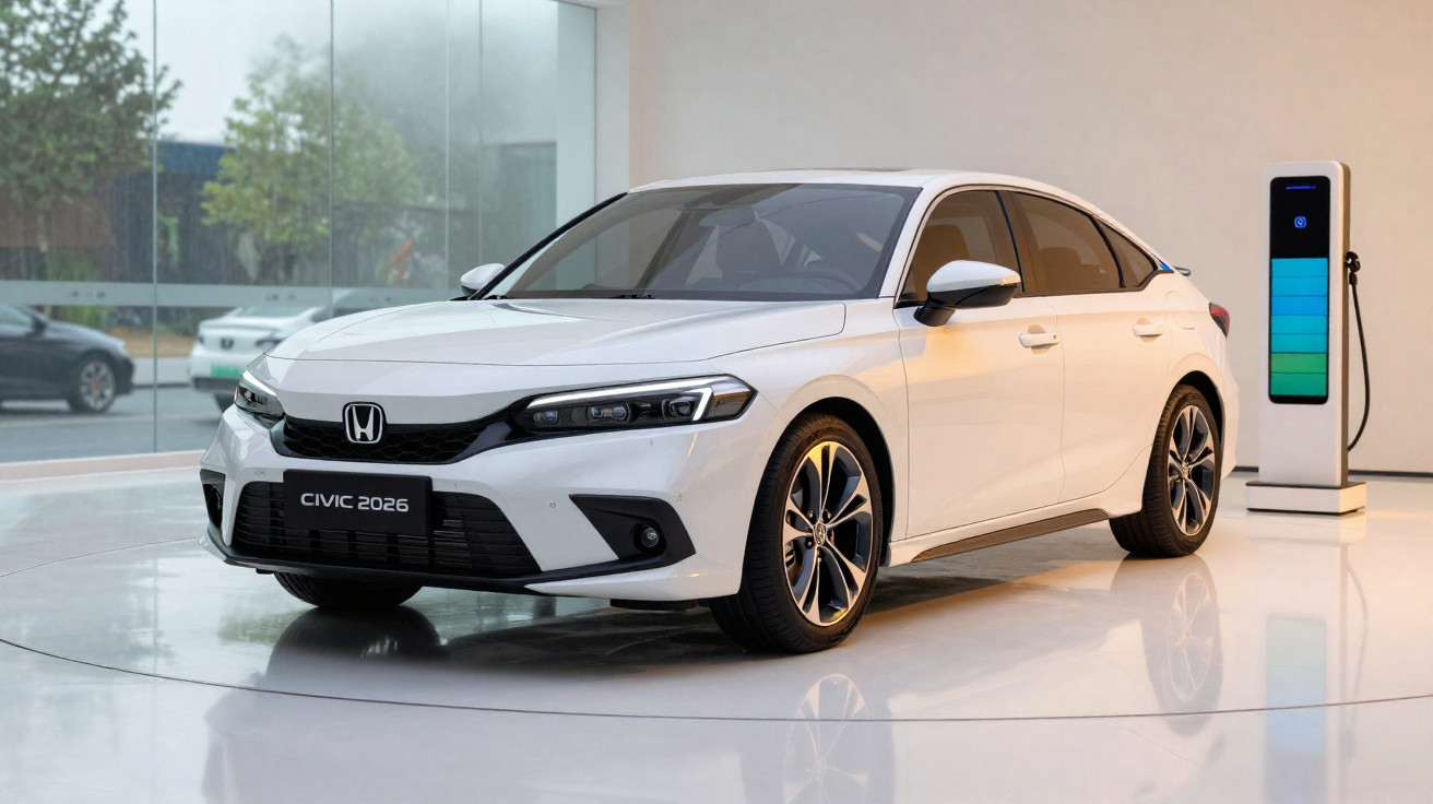 Voiture blanche Honda Civic 2026 garée à côté d'une borne de recharge électrique dans un showroom moderne.