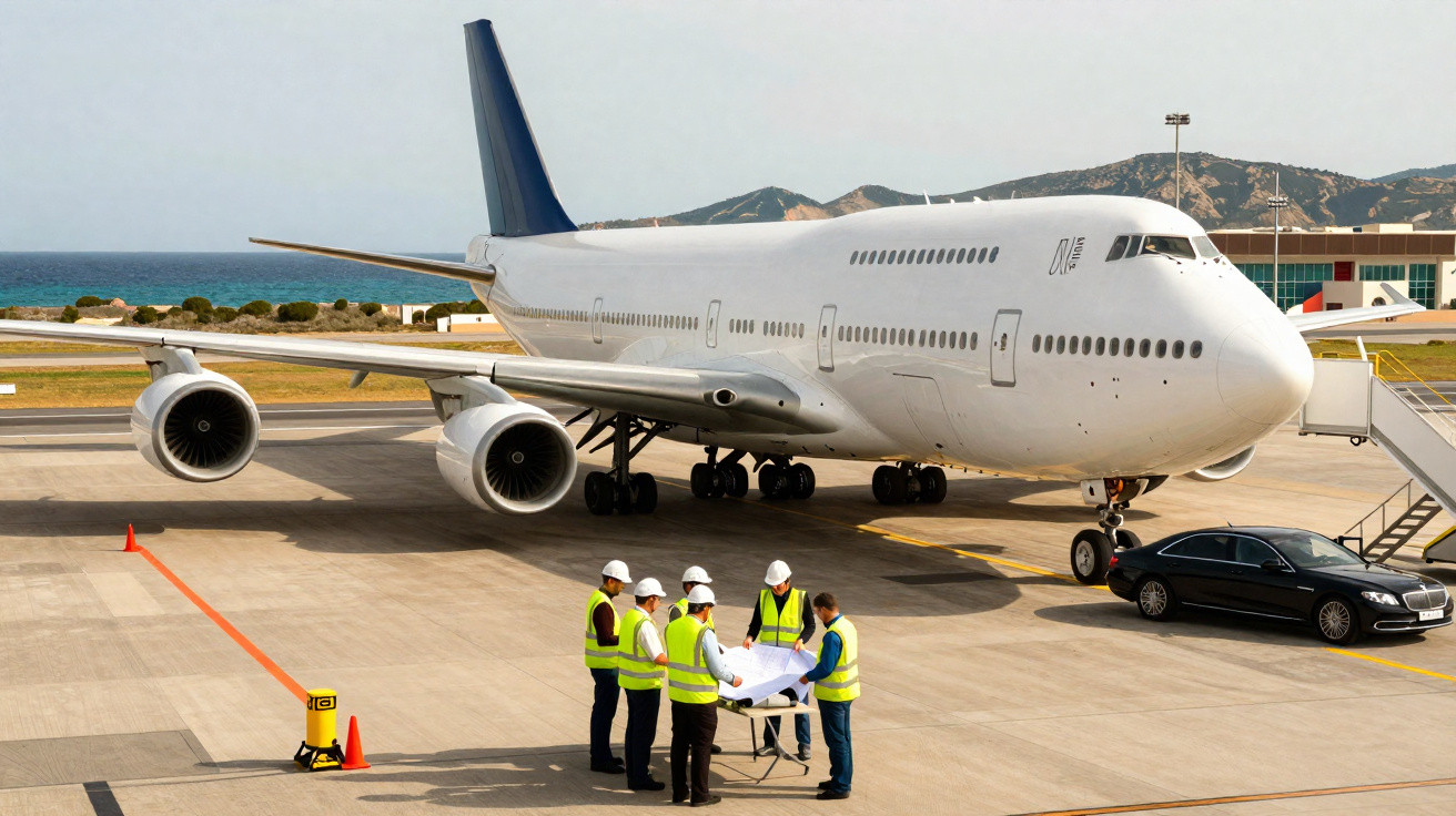 Un groupe de travailleurs en gilets de sécurité discute devant un avion en escale sur un tarmac d'aéroport.