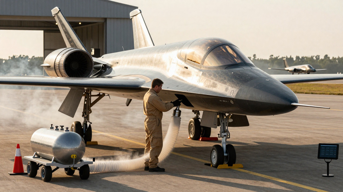 Un technicien en combinaison beige ravitaille un avion de chasse gris stationné sur un tarmac au lever du soleil.