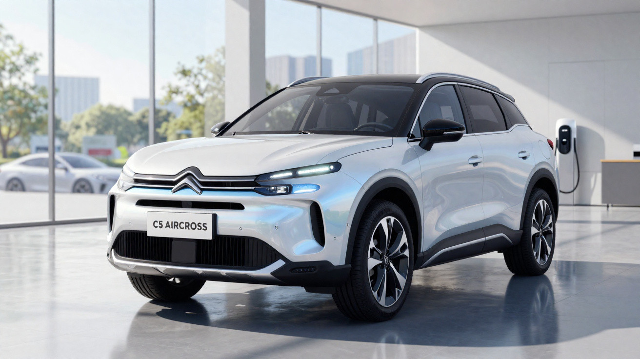 SUV Citroën C5 Aircross blanc, intérieur showroom, en charge sur borne murale.