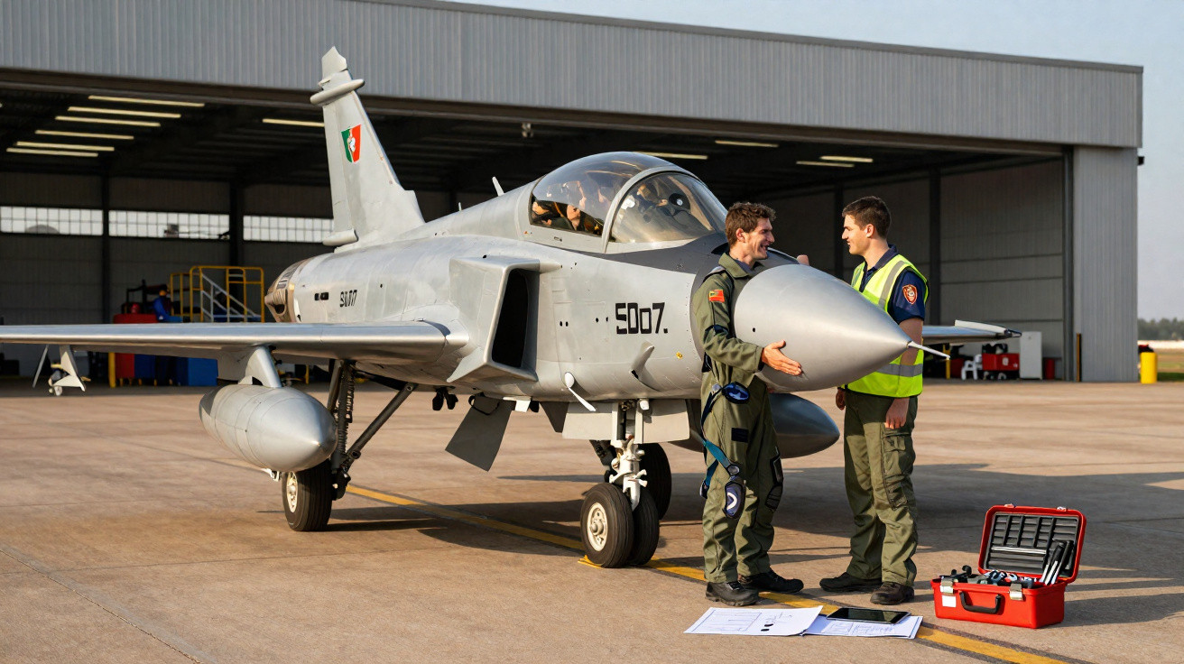 Deux aviateurs discutent devant un avion de chasse gris au sol sur une base aérienne.