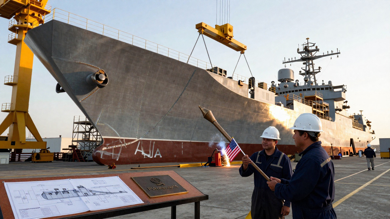 Deux ouvriers en casque près d'un navire militaire en construction dans un chantier naval au coucher du soleil.