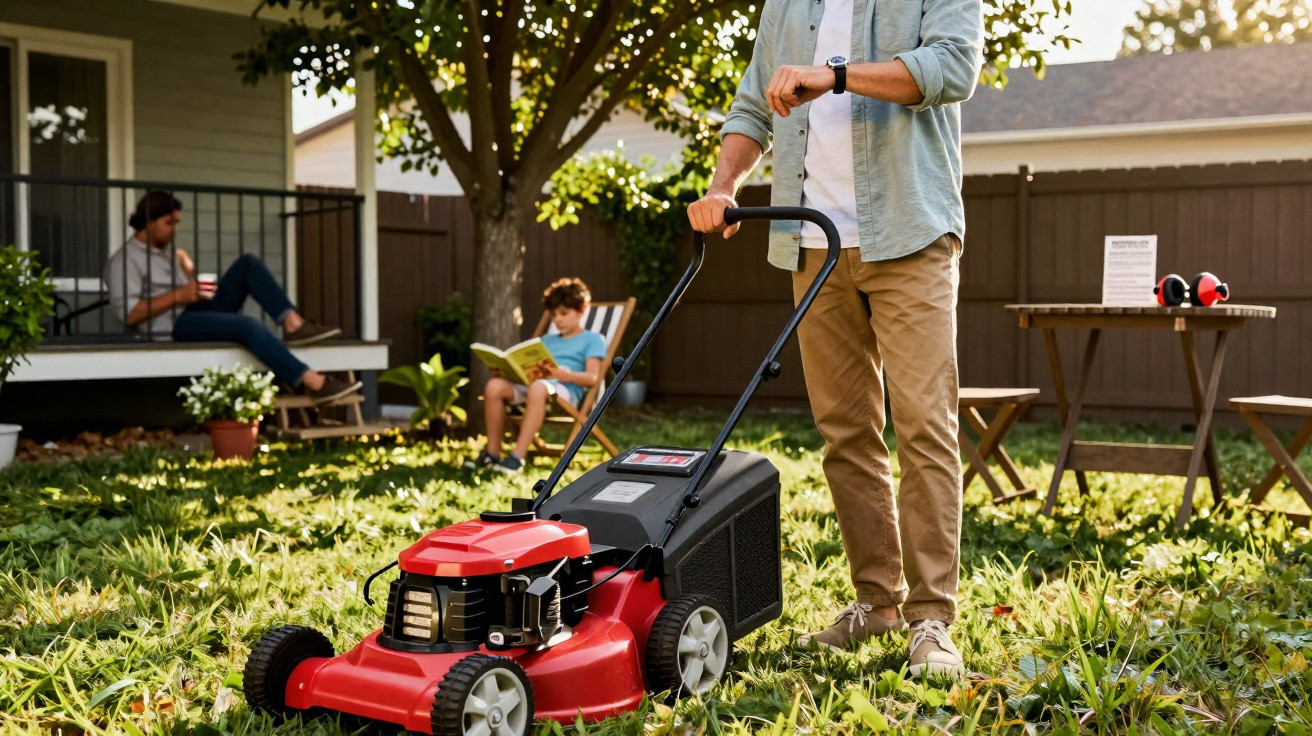 Homme utilisant une tondeuse électrique rouge dans un jardin avec deux personnes en arrière-plan.